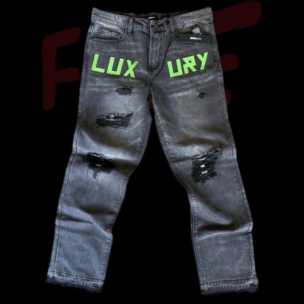 Fashion Nova Gray Distressed Jeans with Green Accents